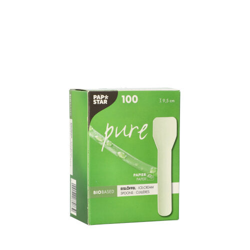 Eine weiße Box mit der Aufschrift „pure“ der PAPSTAR GmbH enthält 100 Eislöffel aus Papier (9,5 cm) und ist auf der Vorderseite mit „PAPSTAR“, „BIOBASED“ und einem Löffelbild versehen.