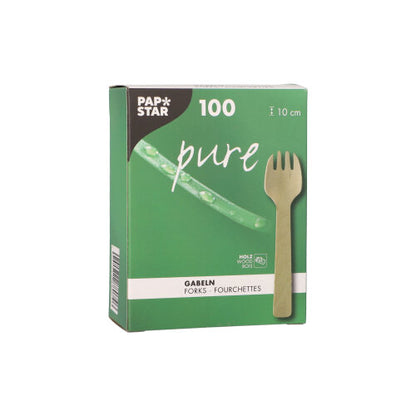 Een groen-witte doos van PAPSTAR GmbH met het opschrift "Houten vorken pure" bevat 100 milieuvriendelijke, robuuste houten vorken (10 cm) met een afbeelding van een vork en de tekst "Gabeln/Fourchettes" op de voorkant.