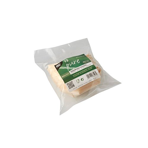 Een doorzichtige kunststofverpakking bevat 12 PAPSTAR fingerfood schaaltjes van hout "pure" in bootvorm (8,5x5,5 cm) van PAPSTAR GmbH, met een groen-wit etiket met recycling- en milieusymbolen.