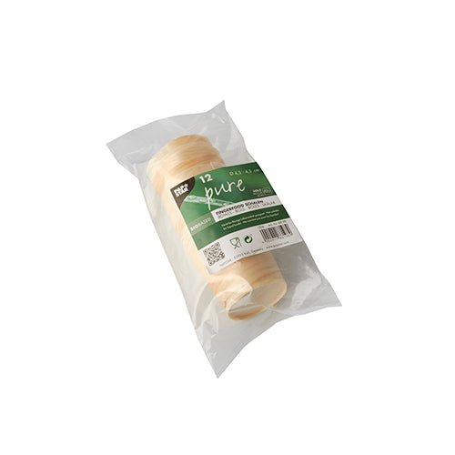 Een doorzichtige kunststofverpakking met 12 PAPSTAR fingerfood-schalen van hout "pure", rond, Ø 4,5 cm van PAPSTAR GmbH, met een groen-wit etiket (tekst, barcodes, QR-code), afgebeeld op een eenvoudige witte achtergrond.