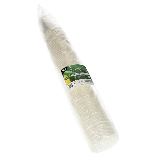 Een verpakking met 50 PAPSTAR GmbH koude drankbekers PLA "pure" glasheldere wegwerpbekers, biologisch afbreekbaar, individueel en transparant verpakt - ideaal voor koude dranken.