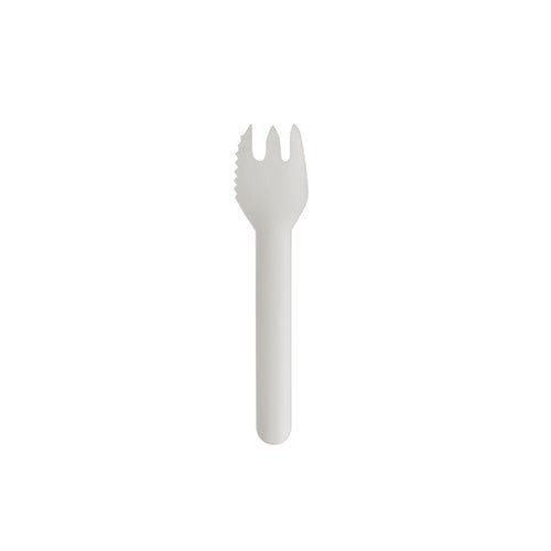 Een verpakking met 100 witte PAPSTAR taart- en snackvorken "pure" (12,7 cm, getand) van PAPSTAR GmbH, geïsoleerd weergegeven op een witte achtergrond.