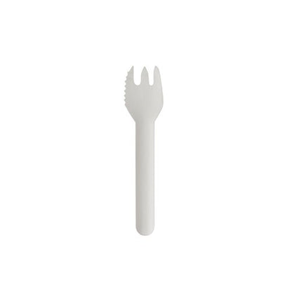 Een verpakking met 100 witte PAPSTAR taart- en snackvorken "pure" (12,7 cm, getand) van PAPSTAR GmbH, geïsoleerd weergegeven op een witte achtergrond.