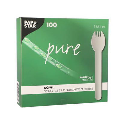 Een witte PAPSTAR pure-doos met Duitse en Franse opschrift bevat 100 milieuvriendelijke, stevige goffels van PAPSTAR GmbH met een lengte van elk 16 cm. Op de doos is een goffel afgebeeld.