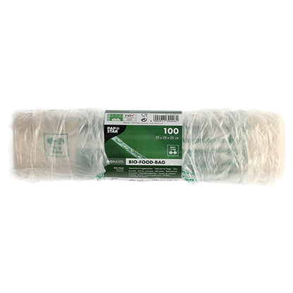 Een rol met 100 PAPSTAR hemdtasjes van transparante bio-folie (knooptasjes) is verpakt in folie en draagt een groen en wit etiket met productdetails en milieuvriendelijke symbolen.