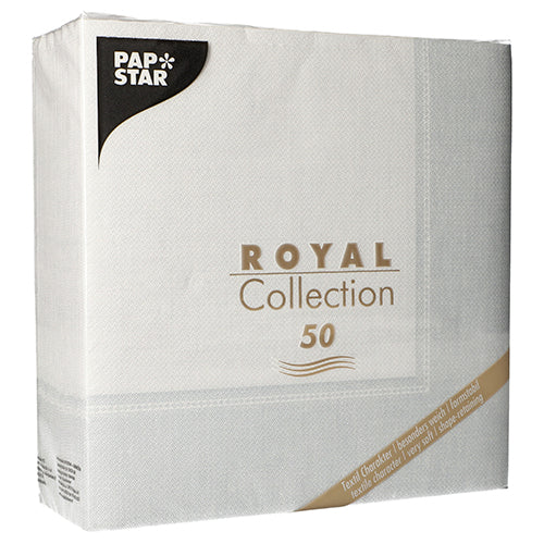 Ein 50er-Pack PAPSTAR Servietten "ROYAL Collection" 1/4-Falz, 40 x 40 cm in weiß, von der PAPSTAR GmbH, mit plakativem Branding und Kollektionsdetails auf der Verpackung.
