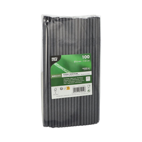 Eine versiegelte Packung mit 100 PAPSTAR 6 mm Papierstrohhalmen von PAPSTAR GmbH ist aufrecht abgebildet. Die Verpackung zeigt Produktinformationen, einen Barcode und Symbole für Spezifikationen und Zertifizierungen.