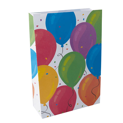 De PAPSTAR 10 partytasjes van PAPSTAR GmbH zijn rechthoekige cadeautasjes van papier met een kleurrijk ballon- en confettimotief op wit - ideaal voor elk feest.