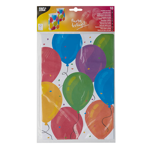 Een 10-pack PAPSTAR partytasjes van PAPSTAR GmbH, van papier en versierd met kleurrijke ballonnen en confetti - met de tekst 'Partyfeeling!' bovenaan - ideaal voor elk feest.
