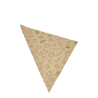 De PAPSTAR 1000 puntzakken, kraftpapier bruin "Fruits & Vegs" van PAPSTAR GmbH zijn milieuvriendelijke, bruine driehoekige papieren servetten met groen omrande fruit- en groenteillustraties.