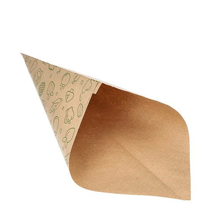 De PAPSTAR 1000 puntzakken, kraftpapier bruin "Fruits & Vegs" van PAPSTAR GmbH worden leeg afgebeeld, met lichtgroene fruit- en groenteillustraties, gefotografeerd voor een witte achtergrond.