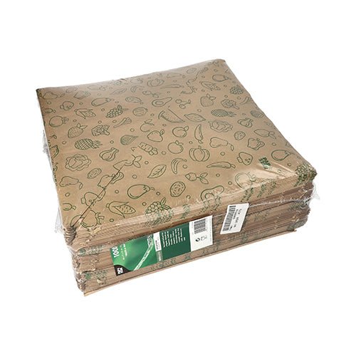 PAPSTAR 1000 puntzakken van bruin kraftpapier "Fruits & Vegs" met groene voedselillustraties, in een doorzichtige zak met groen-wit label - ideaal voor milieuvriendelijk fruit- en groentetransport.