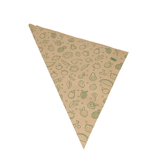 Een driehoekige bruine kraftpapierplaat uit de serie "1000 puntzakken Fruit & Groente" van PAPSTAR GmbH met groene lijntekeningen van fruit, groenten en bladeren op een eenvoudige witte achtergrond.