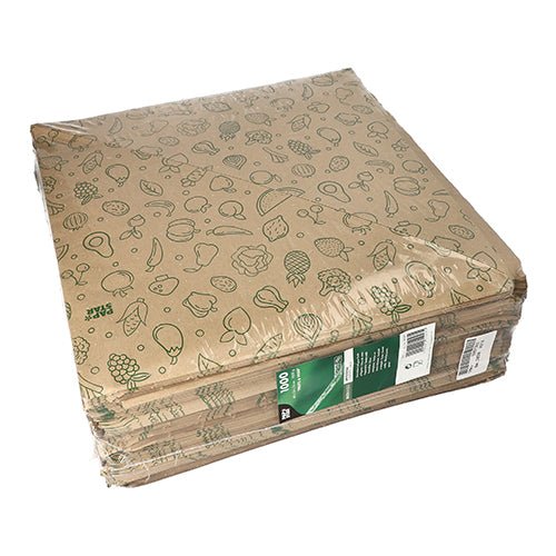 Een stapel PAPSTAR 1000 puntzakken, bruin kraftpapier "Fruits & Vegs" van PAPSTAR GmbH, met groene fruit- en groenteillustraties, verpakt in transparante folie en een groen-wit label aan de zijkant.