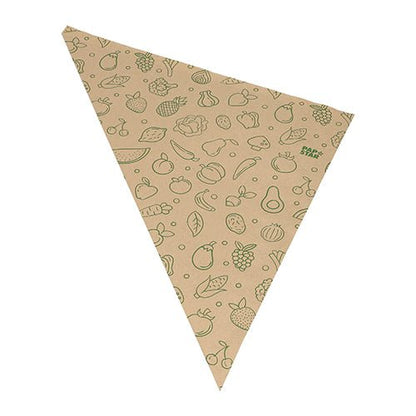 De PAPSTAR 1000 puntzakken van PAPSTAR GmbH zijn bruine, driehoekige kraftpapieren zakken met groene fruit- en groenteopdruk - perfect als milieuvriendelijke zakken voor het transport van fruit en groenten.