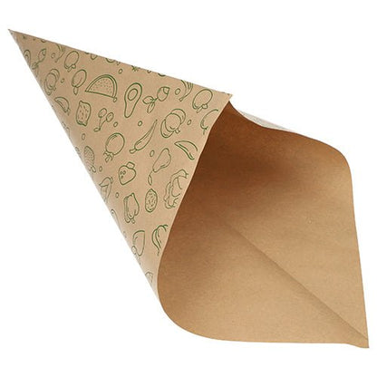 De PAPSTAR 1000 puntzakken, kraftpapier bruin "Fruits & Vegs" van PAPSTAR GmbH zijn lege, deels geopende voedselzakken met lichtgroene fruit- en groentemotieven - ideaal voor het milieuvriendelijke transport van fruit en groenten.