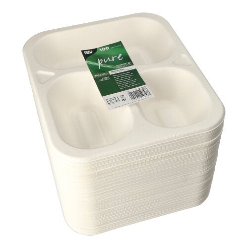 100 witte PAPSTAR verzegelingsschalen van suikerriet, 3-delig, 925 ml per schaal, duurzaam verpakt in een groen-witte banderole. Van PAPSTAR GmbH.