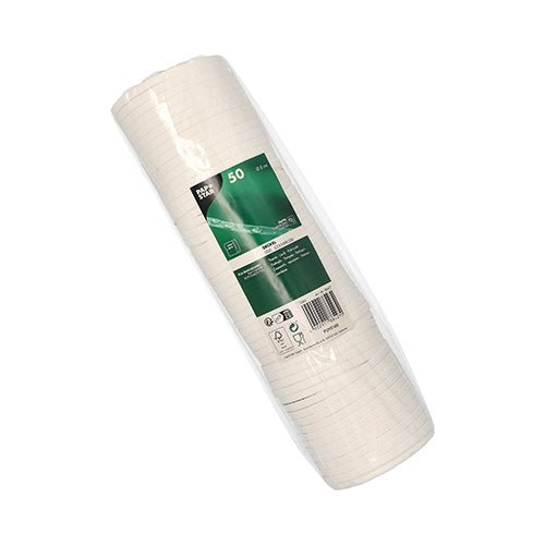 Afgebeeld is een plastic verpakte verpakking met 50 witte PAPSTAR deksels voor drinkbekers (rond, Ø 8 cm, karton | folie) van PAPSTAR GmbH op een witte achtergrond. Het groen-witte etiket benadrukt de milieuvriendelijke kartonnen deksel.