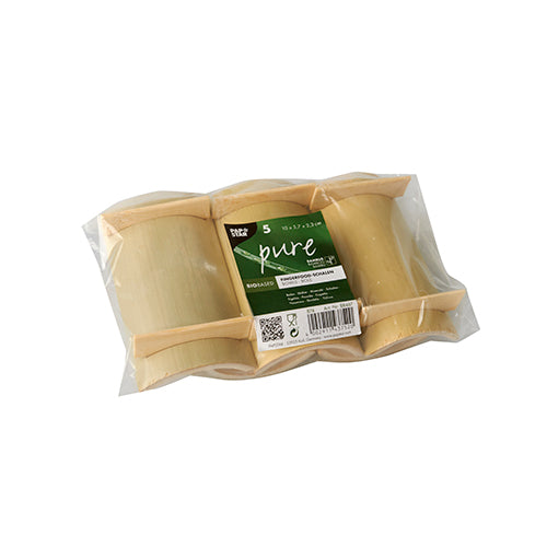 Ein Set aus fünf eckigen PAPSTAR Fingerfood-Schalen aus Bambus "pure", je 10x5,7 cm, in Folienverpackung mit grünem Etikett von PAPSTAR GmbH - ideal für Saucen und Snacks.