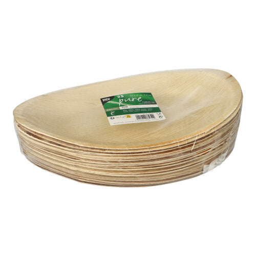 Een stapel PAPSTAR 25 borden, palmblad "puur" van PAPSTAR GmbH - ovaal, milieuvriendelijk, biologisch afbreekbaar en in een heldere plastic verpakking met groen-wit etiket.