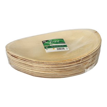 Een stapel PAPSTAR 25 borden, palmblad "puur" van PAPSTAR GmbH - ovaal, milieuvriendelijk, biologisch afbreekbaar en in een heldere plastic verpakking met groen-wit etiket.
