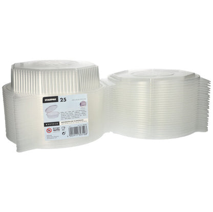 Zwei Stapel Starpak 25 Menüboxen mit Klappdeckeln, PP transparent und 8-eckig (5,9 x 21,5 x 21,5 cm) sind nebeneinander abgebildet. Ideal zur Lebensmittelaufbewahrung oder zum Servieren von Mahlzeiten auf jeder Veranstaltung.
