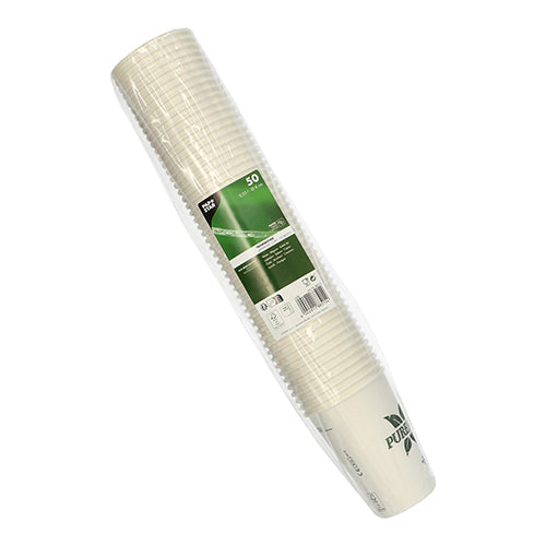 Een verpakking met 50 witte PAPSTAR Pure Joy kartonnen bekers (Ø 8 cm, 10,8 cm hoog) van PAPSTAR GmbH, verpakt in doorzichtig plastic met een groen-wit etiket met productinformatie en branding.