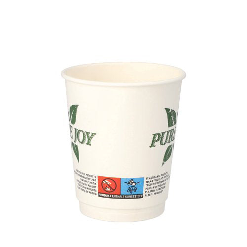 De PAPSTAR dubbelwandige drinkbeker (8 cm, wit, "Pure Joy") van PAPSTAR GmbH heeft een groen bladdesign, eco-symbolen aan de onderkant en biedt een milieuvriendelijke keuze in een verpakking van 20 stuks.