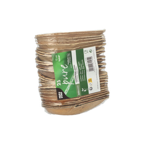 Een stapel van 25 PAPSTAR fingerfood-lepels van palmblad, 12 cm "Asia"-ontwerp, in krimpfolie met een groen-wit etiket waarop de grootte, de hoeveelheid, de milieuvriendelijke symbolen en de vermelding dat ze biologisch afbreekbaar zijn, staan aangegeven. Merk: PAPSTAR GmbH.