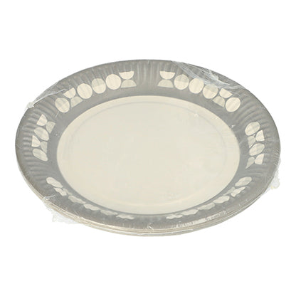 Een stapel van PAPSTAR 10 borden, karton rond Ø 23 cm, van de PAPSTAR GmbH, verpakt in transparante folie. Elk wegwerpbord is voorzien van een subtiele rand met bladeren en stippen – ideaal voor feestjes en evenementen.