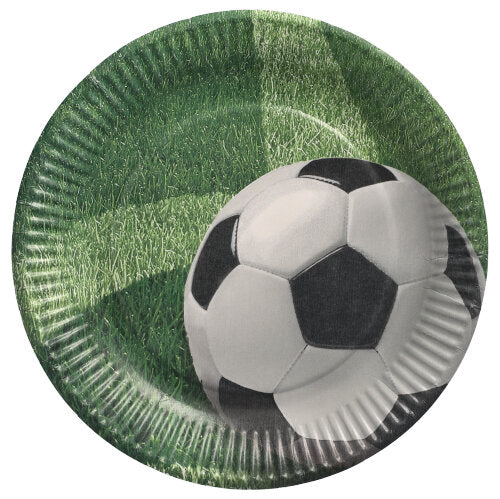 De PAPSTAR 10 borden, karton rond Ø 23 cm van de PAPSTAR GmbH, zijn ideale wegwerpborden voor feestjes met een zwart-witte voetbal op groen gras en geribbelde randen voor een sportieve uitstraling.