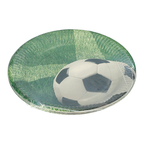 De PAPSTAR 10 borden, karton rond Ø 23 cm van PAPSTAR GmbH met voetbaldessin op gras zijn perfect voor feestjes en evenementen en worden verpakt in doorzichtige kunststof folie.