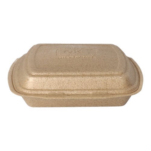 Een Starpak 50 menuboxen met klapdeksel XPP, beige (7 x 20,5 x 24 cm), gesloten rechthoekige afhaalbox van gevormde vezel voor veilig transport van maaltijden, afgebeeld tegen een witte achtergrond.