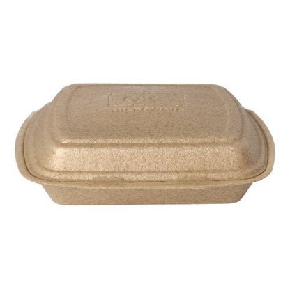 Een Starpak 50 menuboxen met klapdeksel XPP, beige (7 x 20,5 x 24 cm), gesloten rechthoekige afhaalbox van gevormde vezel voor veilig transport van maaltijden, afgebeeld tegen een witte achtergrond.
