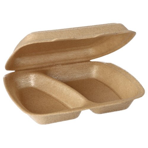 De Starpak 50 menuboxen met klapdeksel van XPP (7 x 20,5 x 24 cm, beige) hebben twee aparte vakken en worden open getoond, ideaal voor het veilige transport van maaltijden en voor de presentatie van de binnenverdeling.