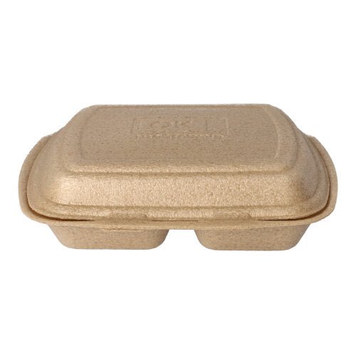 Een gesloten, rechthoekige Starpak 50 menuboxen met klapdeksel (XPP, 7x20,5x24 cm, beige), ideaal voor milieuvriendelijk transport van maaltijden, gemaakt van gevormde vezel en afgebeeld tegen een witte achtergrond.