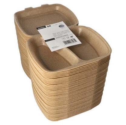 Een stapel rechthoekige, beigekleurige Starpak 50 menuboxen met klapdeksel (XPP, 7x20,5x24 cm) met twee vakken wordt in bovenaanzicht weergegeven. De bovenste box draagt een wit etiket met tekst en barcode. Ideaal voor het transport van levensmiddelen.
