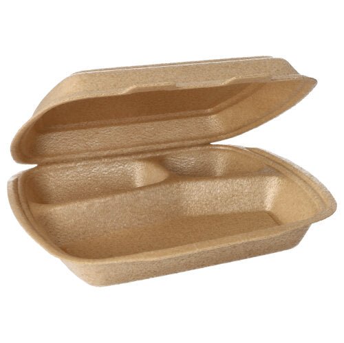 De Starpak 50 menuboxen met klapdeksel (beige, 7x20,5x24 cm) zijn in geopende toestand met hun onderverdeelde vakken en de gestructureerde oppervlakte ideaal voor het transport van maaltijden geschikt.