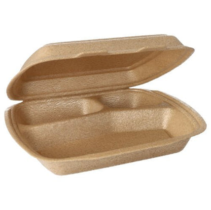 De Starpak 50 menuboxen met klapdeksel (beige, 7x20,5x24 cm) zijn in geopende toestand met hun onderverdeelde vakken en de gestructureerde oppervlakte ideaal voor het transport van maaltijden geschikt.
