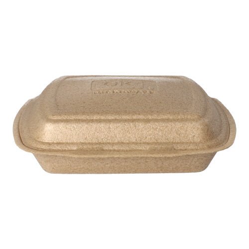De Starpak 50 menuboxen met klapdeksel van XPP (7 x 20,5 x 24 cm, beige) maken veilig transport van maaltijden mogelijk en zijn op de foto tegen een witte achtergrond te zien.