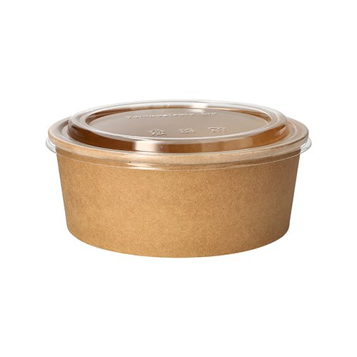 De 50 saladekommen van PAPSTAR GmbH zijn ronde, bruine voedselcontainers van papier met PLA-coating en een transparant deksel, afgebeeld leeg tegen een witte achtergrond.