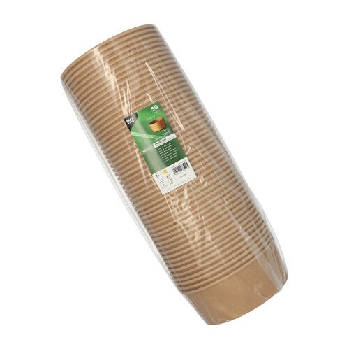 Een in doorzichtige folie gewikkelde stapel van 50 bruine ronde saladekommen (PAPSTAR GmbH) van karton met PLA-coating draagt een groen-wit etiket met de tekst "PAPSTAR 50 saladekommen, karton met PLA-coating".