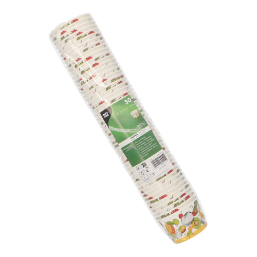 Ein 50er Stapel PAPSTAR Eisbecher aus Pappe rund der PAPSTAR GmbH in Folie verpackt. Bunte Obst- und Gemüsemotive am unteren Rand machen sie perfekt für Desserts wie Eisbecher.