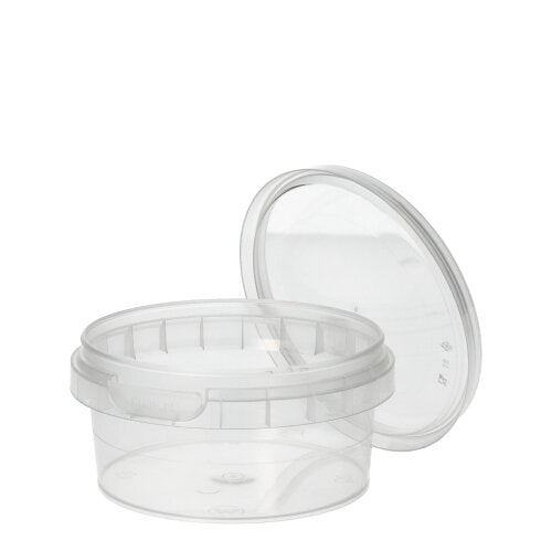 De Starpak 38 delicatessenbeker is een ronde, transparante 180 ml PP-container (Ø 9,5 cm, hoogte 4,5 cm) met een originele sluiting en krimpfolie - ideaal voor het presenteren of bewaren van delicatessen. De set bevat 38 stuks.