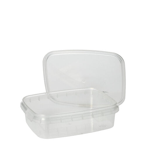 De Starpak 50 fijnkostbeker is een doorzichtige, rechthoekige voedselcontainer van PP met originele sluiting, afgebeeld open en leeg op een eenvoudige witte achtergrond.