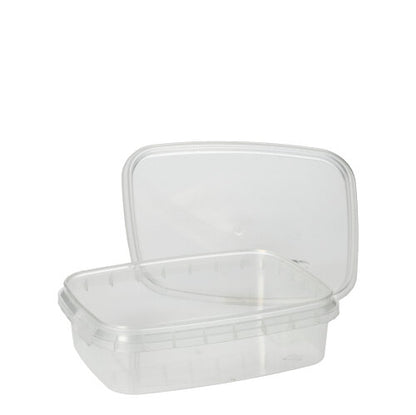 De Starpak 50 fijnkostbeker is een doorzichtige, rechthoekige voedselcontainer van PP met originele sluiting, afgebeeld open en leeg op een eenvoudige witte achtergrond.