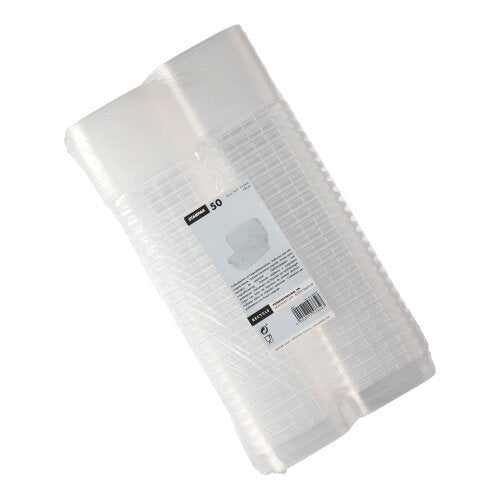 Een stapel Starpak 50 fijnkostbekers, PP transparant en rechthoekig met originele sluiting, is verpakt in plastic en heeft een wit etiket met productinformatie, barcode en veiligheidsverzegeling.