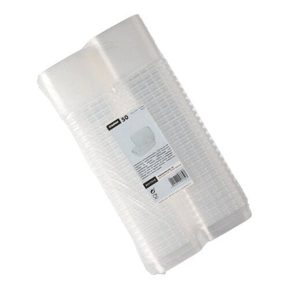 Een stapel Starpak 50 fijnkostbekers, PP transparant en rechthoekig met originele sluiting, is verpakt in plastic en heeft een wit etiket met productinformatie, barcode en veiligheidsverzegeling.