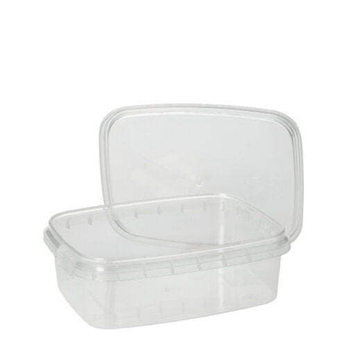 Achter zijn iets grotere bijpassende transparante deksel bevindt zich een Starpak 50 fijnkostbeker, een doorzichtige rechthoekige PP-voedselcontainer met origineel sluitdeksel. Merk: Starpak.