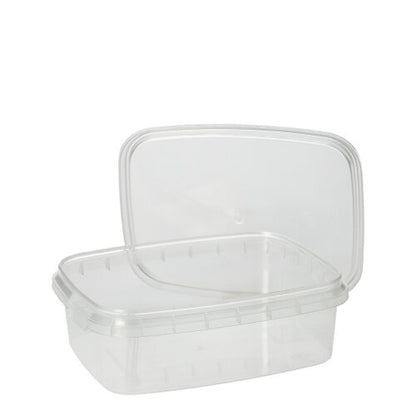 Achter zijn iets grotere bijpassende transparante deksel bevindt zich een Starpak 50 fijnkostbeker, een doorzichtige rechthoekige PP-voedselcontainer met origineel sluitdeksel. Merk: Starpak.